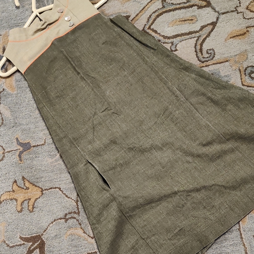 Olive Green Linen-Blend Midi Dress